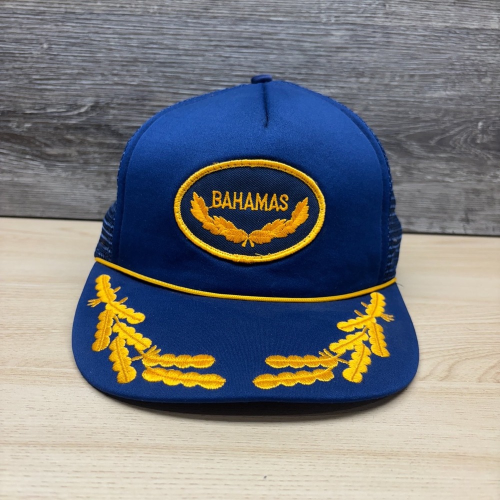 Vintage Bahamas Hat Cap Snap Back Blue Trucker Mesh Scrambled Eggs Captain